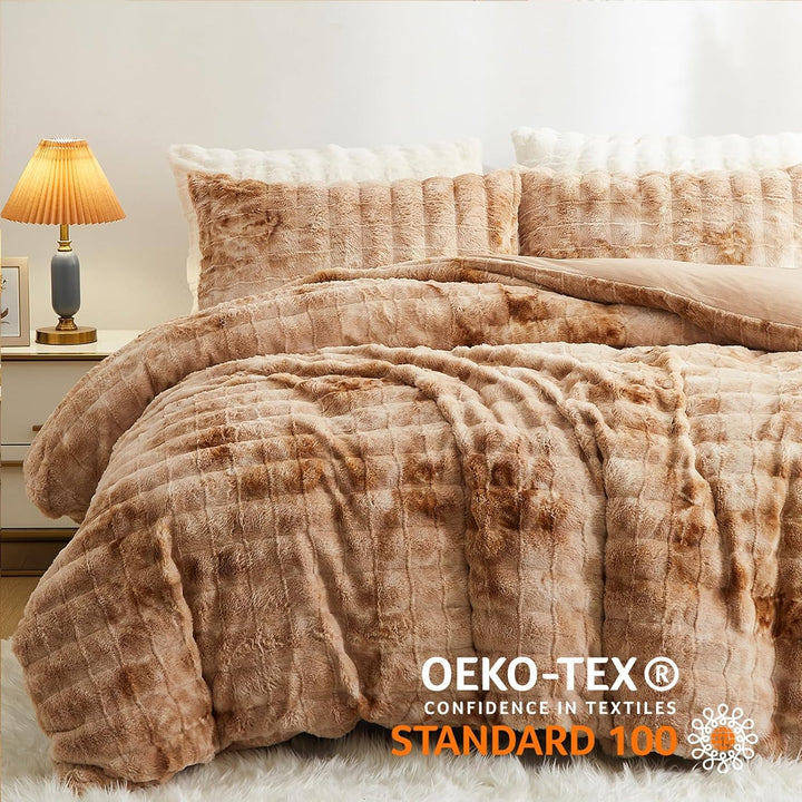 Freyamy Winter Bettwäsche 200x200 3tlg Braun Beige Gestreift,Warm Plüsch Langhaar Flauschig Bettwäsc