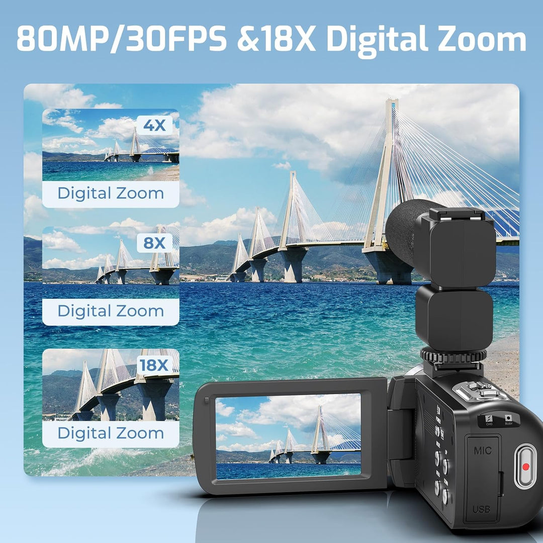 Videokamera 4K Camcorder 80MP 18X Digitalzoom IR Nachtsicht Vlogging Camera | 4K UHD & 80MP Fotos, 3