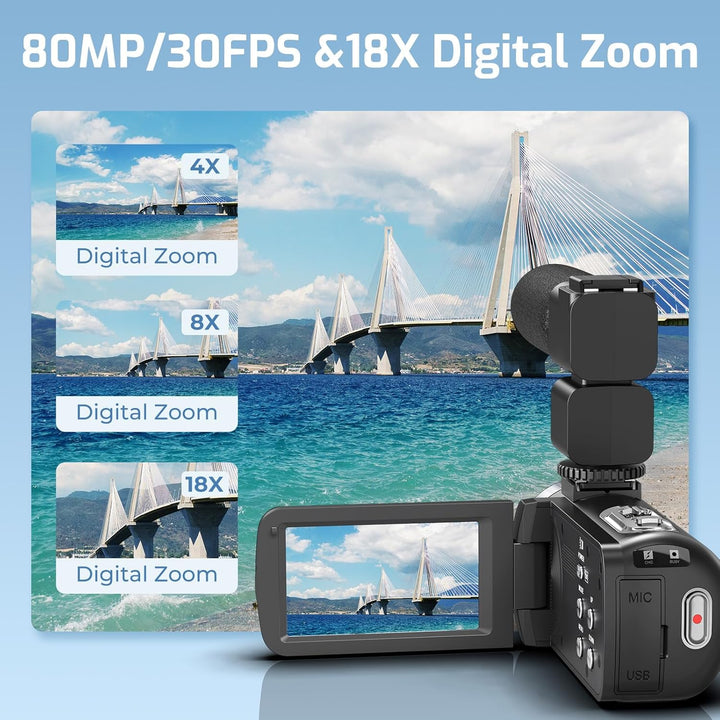 Videokamera 4K Camcorder 80MP 18X Digitalzoom IR Nachtsicht Vlogging Camera | 4K UHD & 80MP Fotos, 3