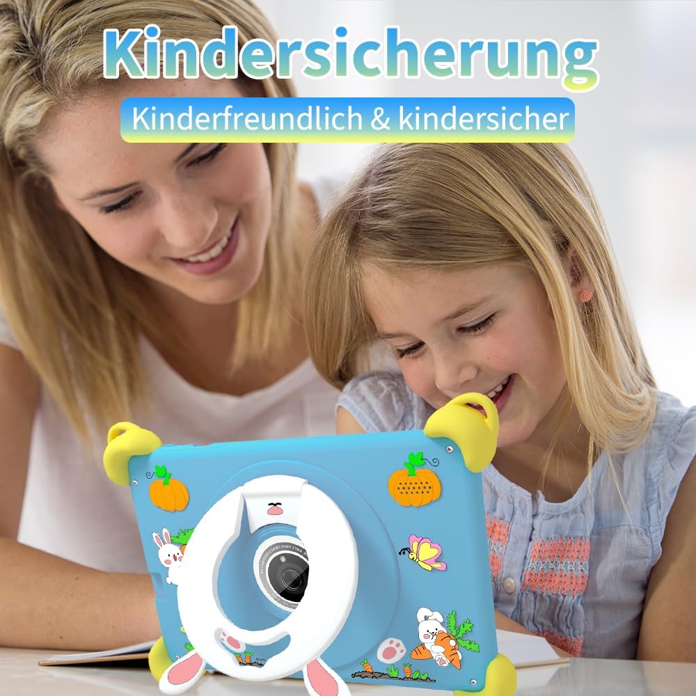 Veidoo 7-Zoll Android Kinder-Tablet, 2+32 GB, Dual-Kameras, stossfeste Hülle, integriertes Hasen-Stä