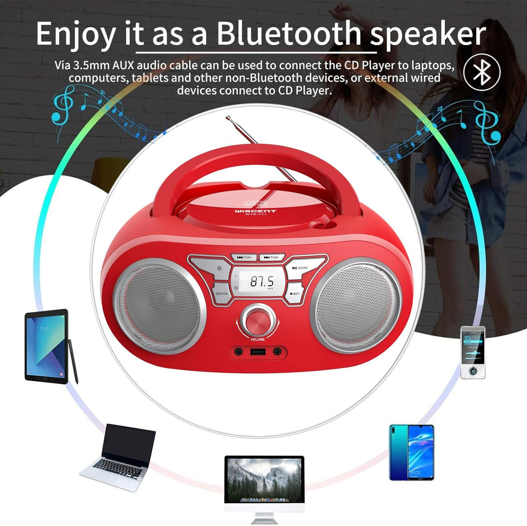 Tragbares Radio – mit CD-Player, Bluetooth Boombox, UKW-Radio, Fernbedienung, USB/AUX-Eingang, Kopfh