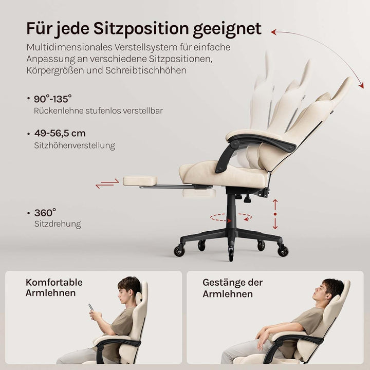 WOLTU Gaming Stuhl,Erwachsenen Computersessel,mit Gummi-Stuhlrollen,Beige | Ergonomisch, mit Verstel