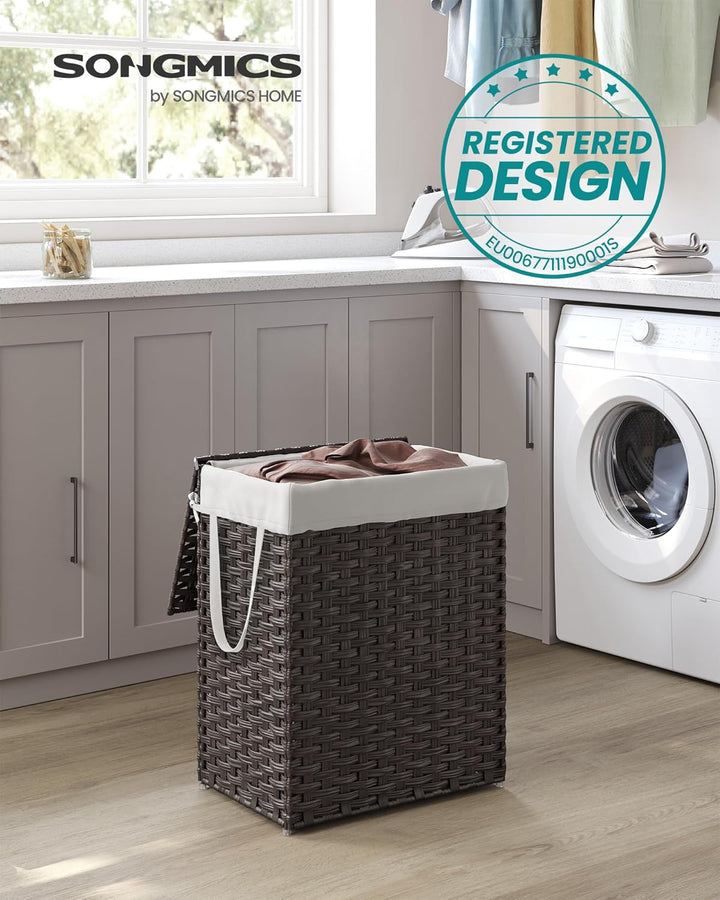 SONGMICS Wäschekorb handgeflochten, 90 L, Wäschesammler aus synthetischem Rattan, mit Deckel und Gri