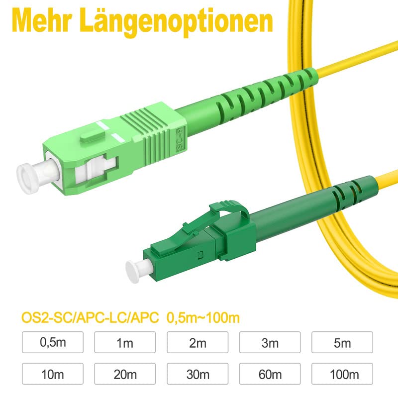 RamboCables 40m SC/APC auf LC/APC, LWL Simplex Patchkabel 9/125µm, Singlemode Glasfaserkabel für FTT