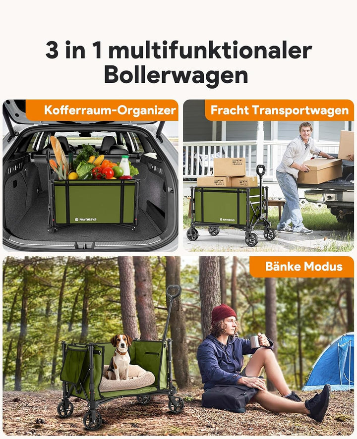 3 in 1 Bollerwagen Faltbar 120L, Klappbar Handwagen mit Rädern, 220lbs Transportwagen Faltbar, Umbau