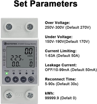 KETOTEK LCD Digitaler Wechselstromzähler Stromzähler Hutschiene 1 Phasig Energiezähler KWh Zähler Le