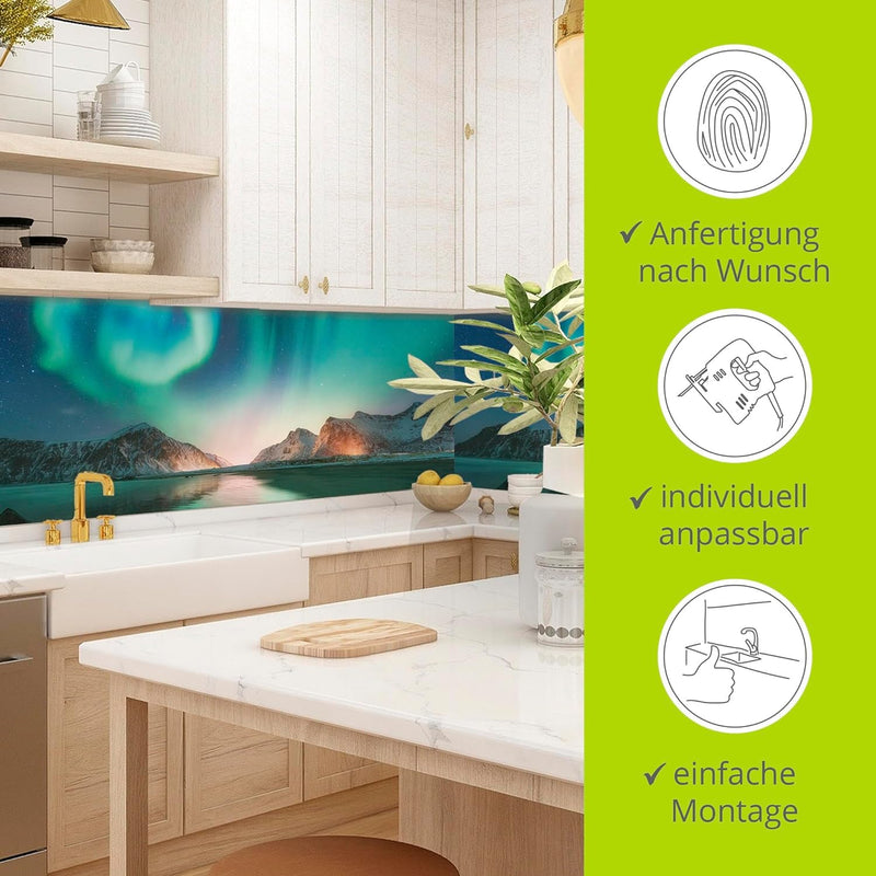 ARTLAND Küchenrückwand Glas mit Motiv Spritzschutz 90x55 cm Glänzend Design Polarlicht Natur Berge L