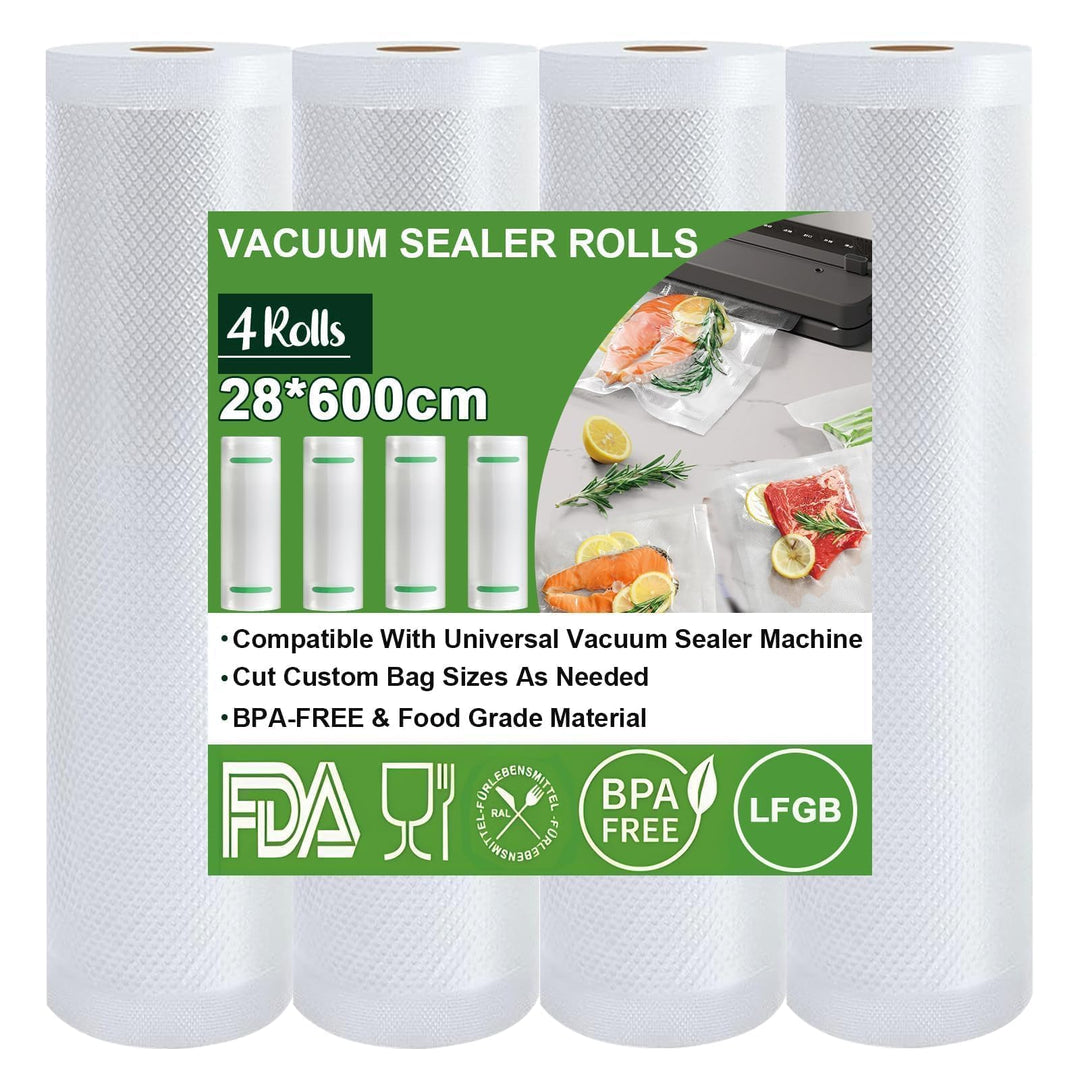 Omtofo Vakuumierbeutel 4 Rollen Vakuumierfolie, 28 x 600cm Vakuumbeutel Lebensmittel, BPA-frei, reis