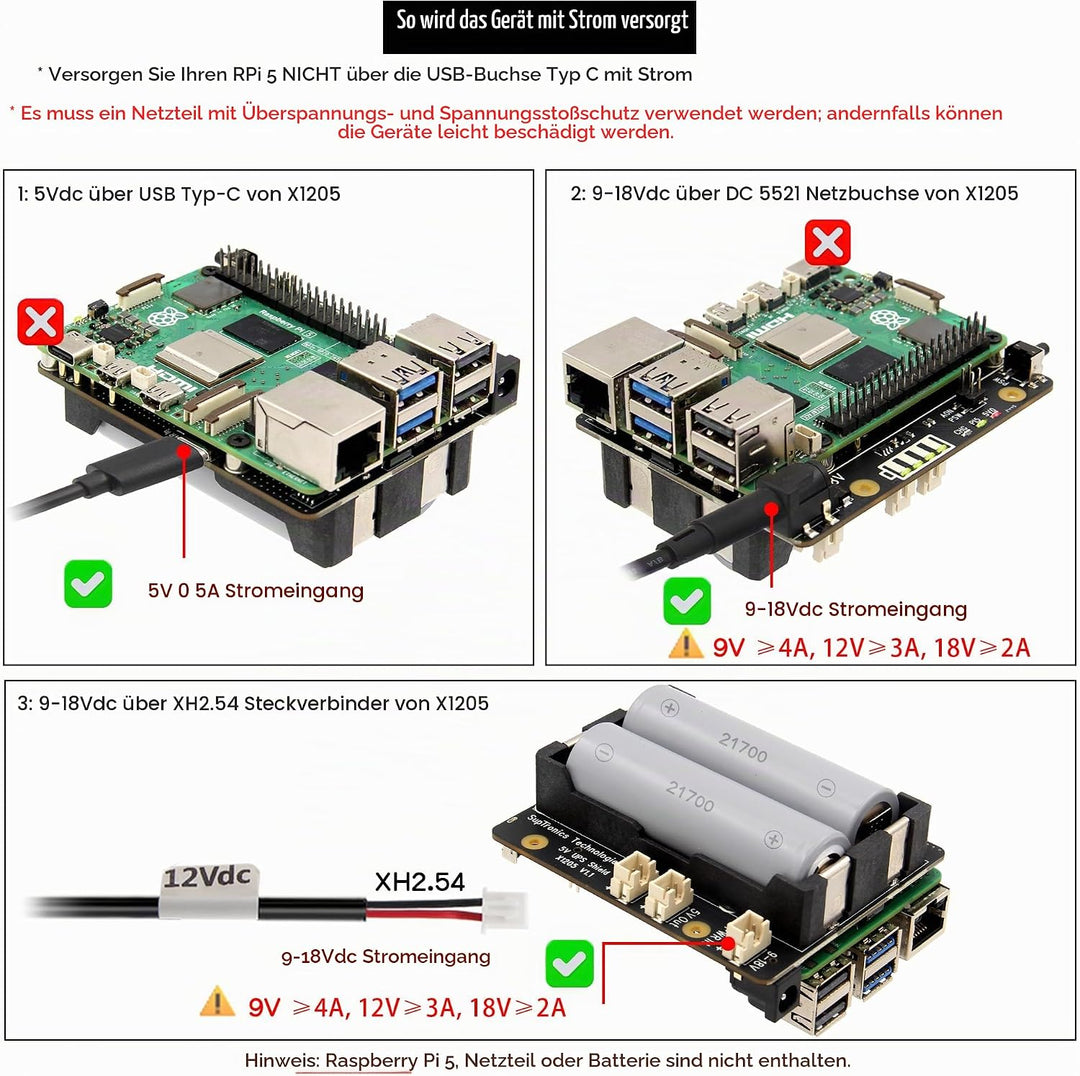 Geekworm X1205 UPS HAT Shield for Raspberry Pi 5, Max 5.1V 6A Output | Wide 9-18V Input, Auto Power