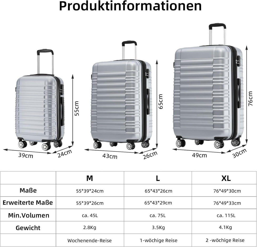 BEIBYE 2088 Zwillingsrollen Reisekoffer Koffer Trolleys Hartschale M-L-XL-Set in 13 Farben (Silber,