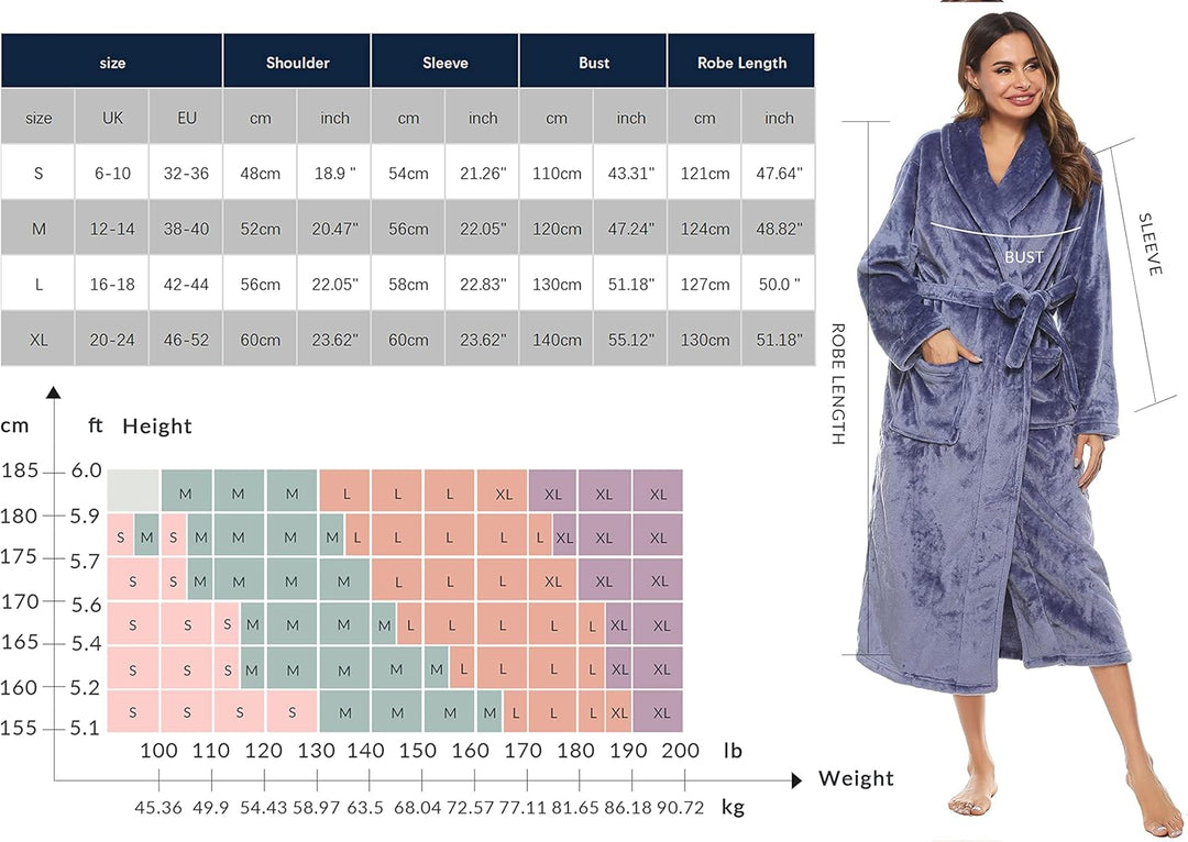 Vlazom Damen Bademantel Flanell Weiche Winter Bademantel Saunamantel Morgenmantel Lange Ärmel Hausma