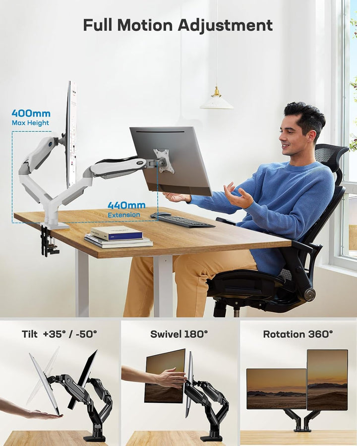 HUANUO Weiss Monitorhalterung Für 2 Monitore, Geeignet Für 13 Bis 32 Zoll Bildschirme, Höhenverstell