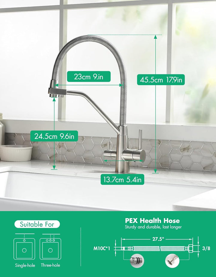 3 Wege Wasserhahn Küche,Küchenarmatur-360° Drehbar,mit 3 in 1 Wasserhahn für Wasserfilter,Spiralfede