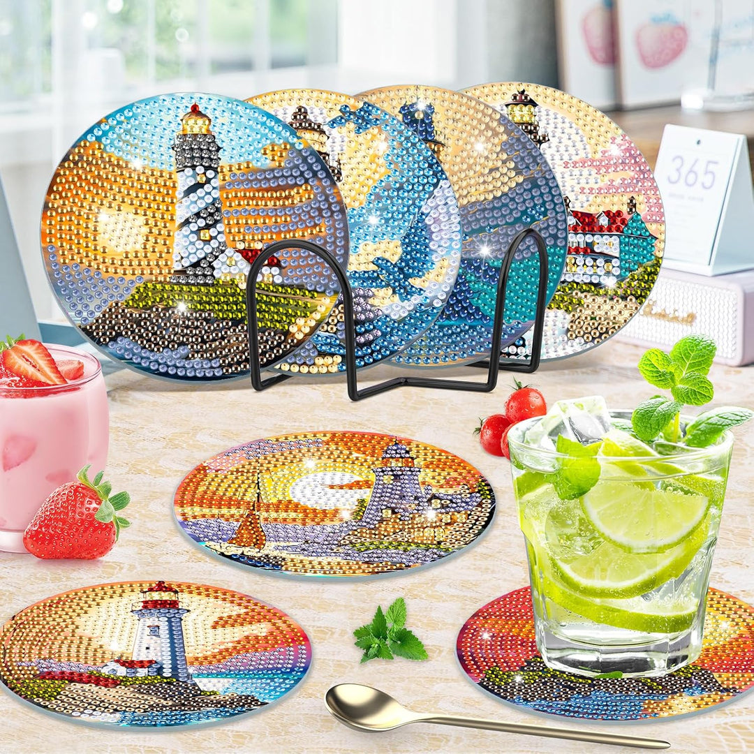 8 Stück Untersetzer für Diamond Painting Leuchtturm, unter Glas, Diamond Painting Landschaft, Diaman