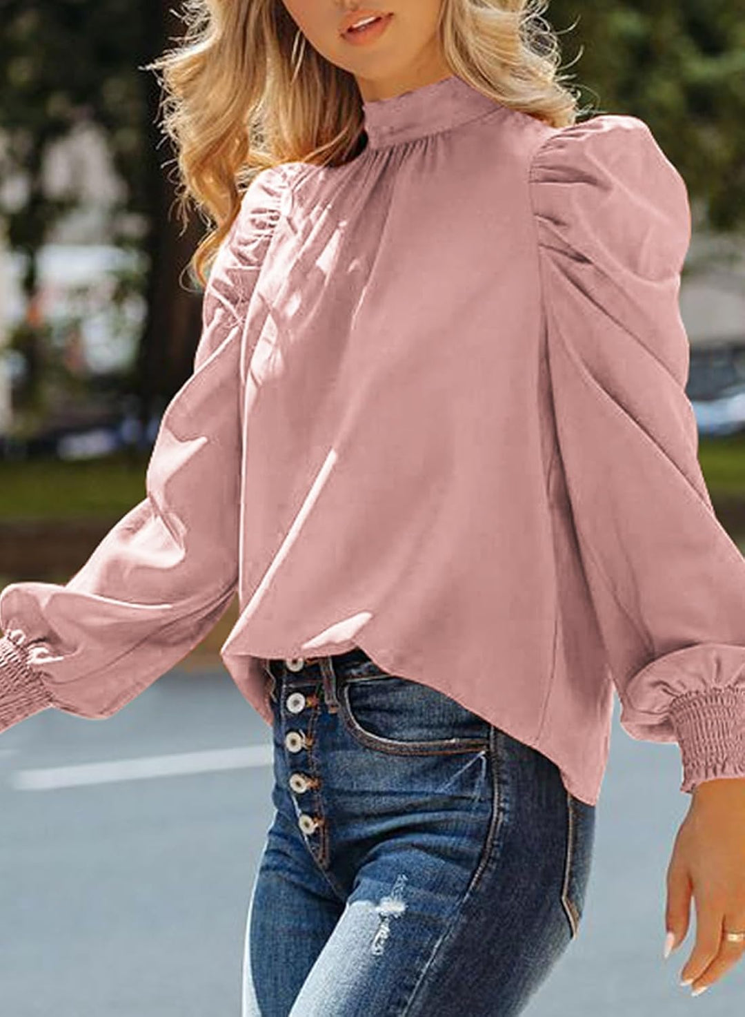 Dokotoo Damen Bluse Elegant Business Chiffonbluse Einfarbig Stehkragen Puffärmel Oberteil Tops S-XXL