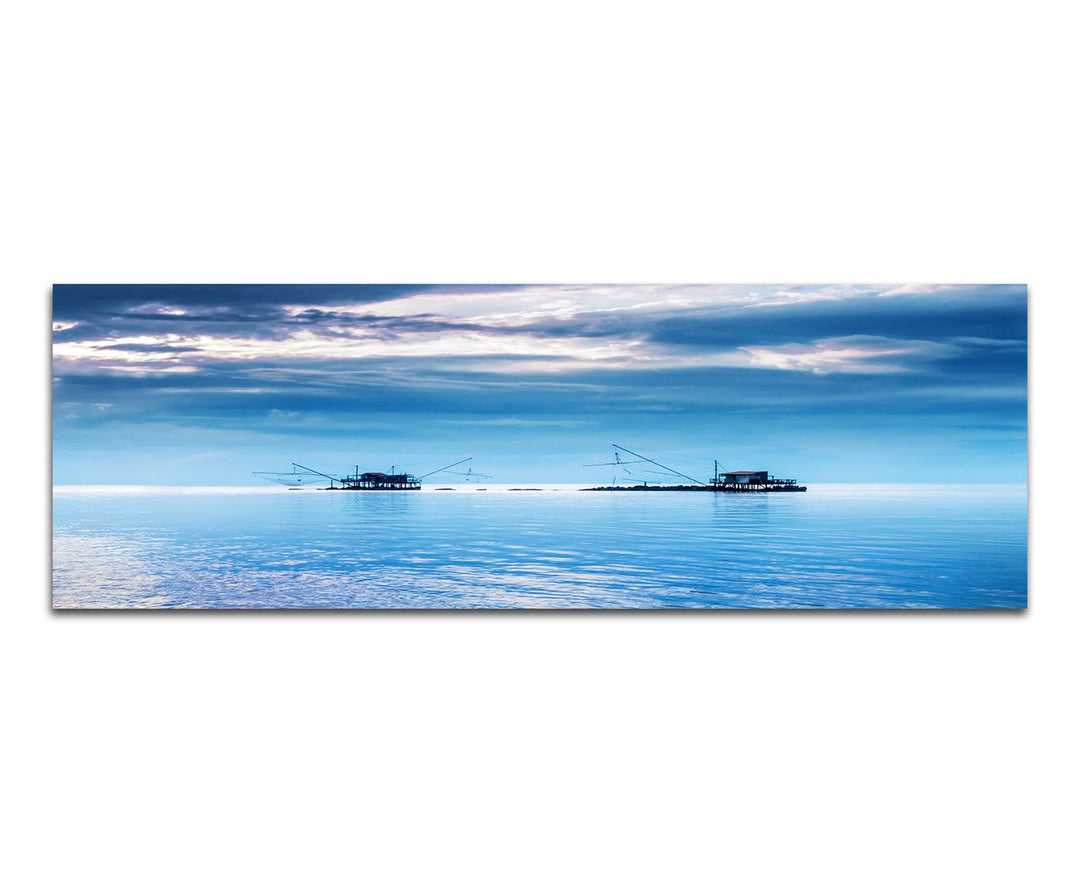 Paul Sinus Art Panoramabild auf Leinwand und Keilrahmen 150x50cm Italien Meer Fischerhäuschen Wolken