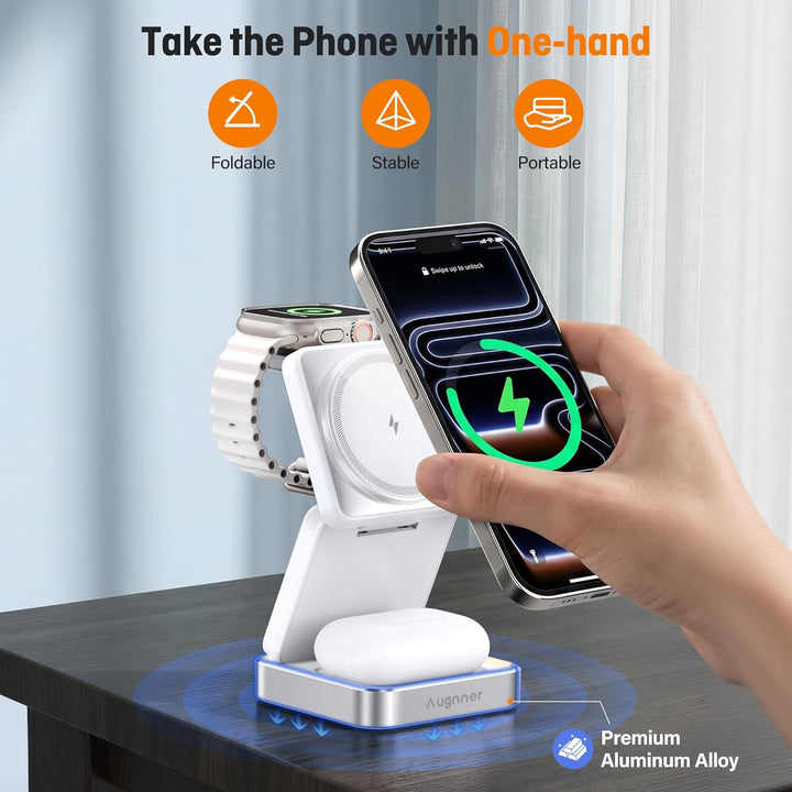 Ladestation Apple Watch und iPhone, 3 in 1 Apple MagSafe Ladegerät Faltbar Wireless Charger für Appl