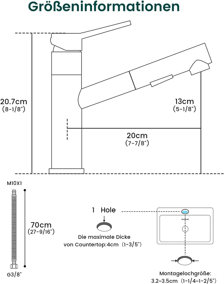 DAYONE Küchenarmatur Schwarz, SUS304 Edelstahl Hochdruck Wasserhahn Küche Ausziehbare Brause mit 2 S