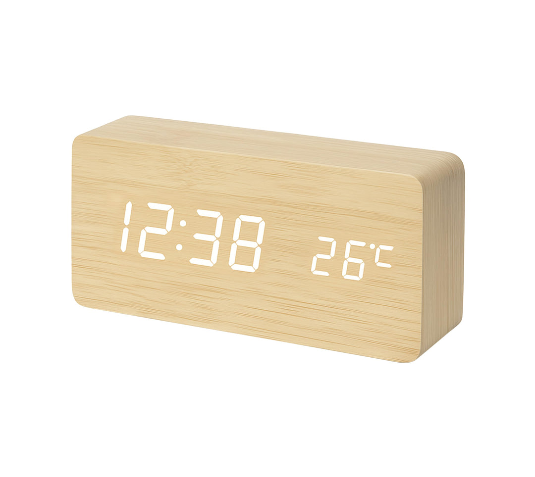 iTOMA Kleiner Holz-Wecker mit 3 Alarmen, manuellem Dimmer, 12-/24-Stunden-Format und weisser LED-Anz