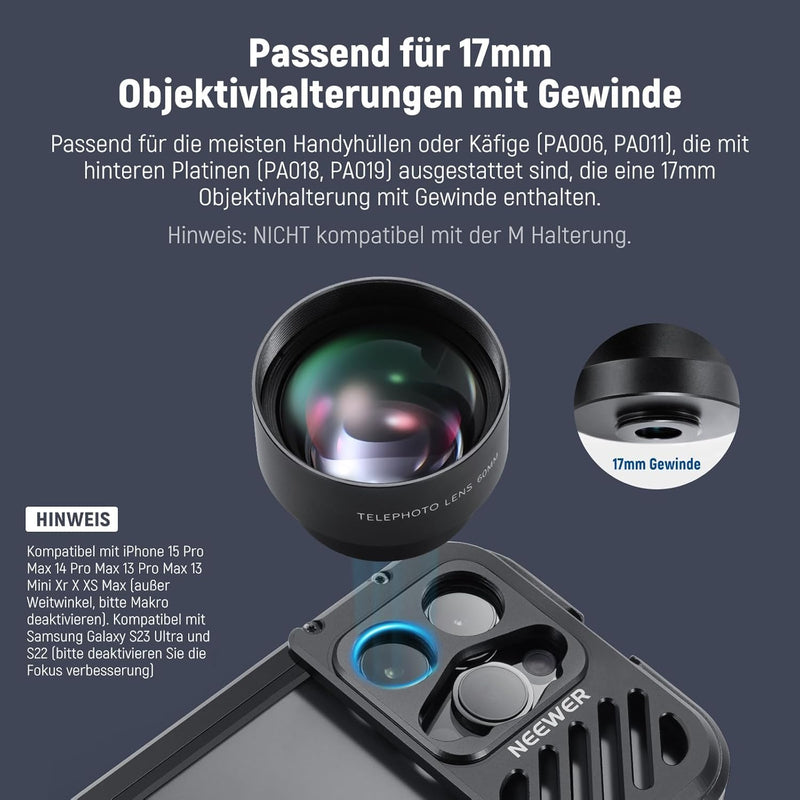 NEEWER 60mm HD Teleobjektiv für 17mm Objektiv hintere Platine, 2X Vergrösserung, kompatibel mit Smal