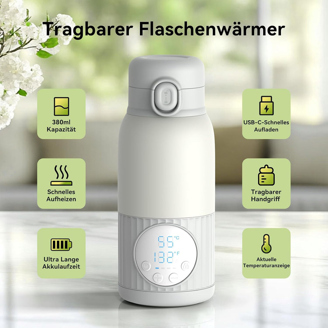 Tragbarer Flaschenwärmer Baby Unterwegs Akku 380ml für Muttermilch Wasser 10000mAh Schnell Aufheizen