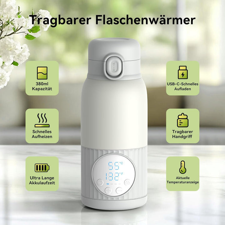 Tragbarer Flaschenwärmer Baby Unterwegs Akku 380ml für Muttermilch Wasser 10000mAh Schnell Aufheizen