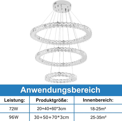 AufuN 72W Moderne Kristall LED 3 Ring Design, Kreative Kronleuchter Hängelampe für Schlafzimmer Wohn