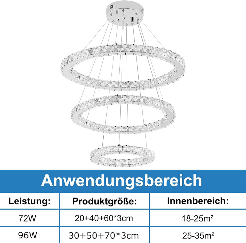 AufuN 72W Moderne Kristall LED 3 Ring Design, Kreative Kronleuchter Hängelampe für Schlafzimmer Wohn