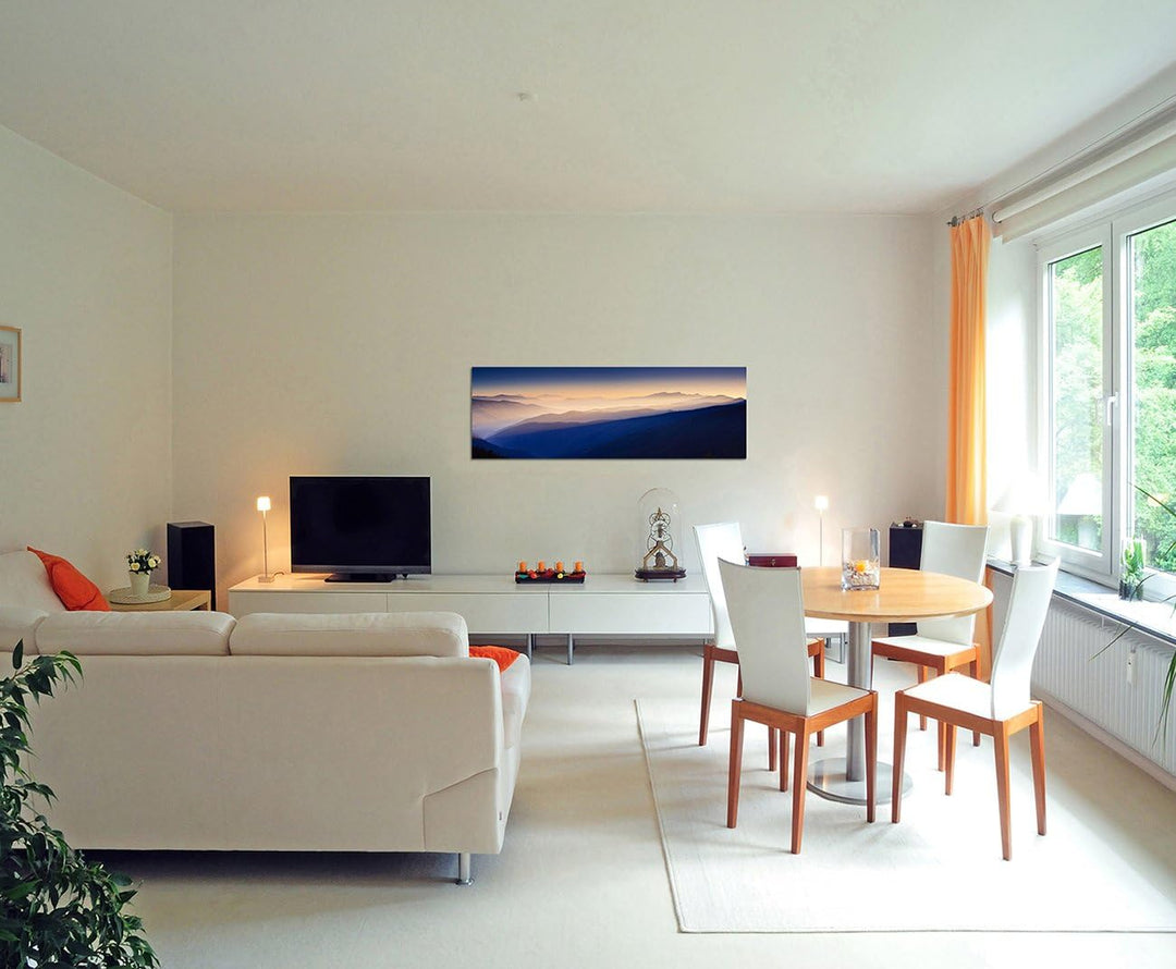 Paul Sinus Art Panoramabild auf Leinwand und Keilrahmen 150x50cm Sonnenaufgang Landschaft Berge Nebe