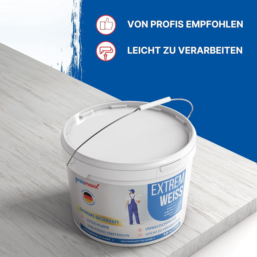 preismaxx Wandfarbe weiss, Innenfarbe, sehr hohe Deckkraft Klasse 1, 10 Liter, Nassabriebklasse 1, m