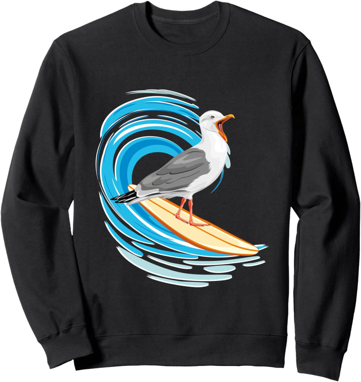 Möwe surft. Lustige Möwe mit Surfboard Sweatshirt