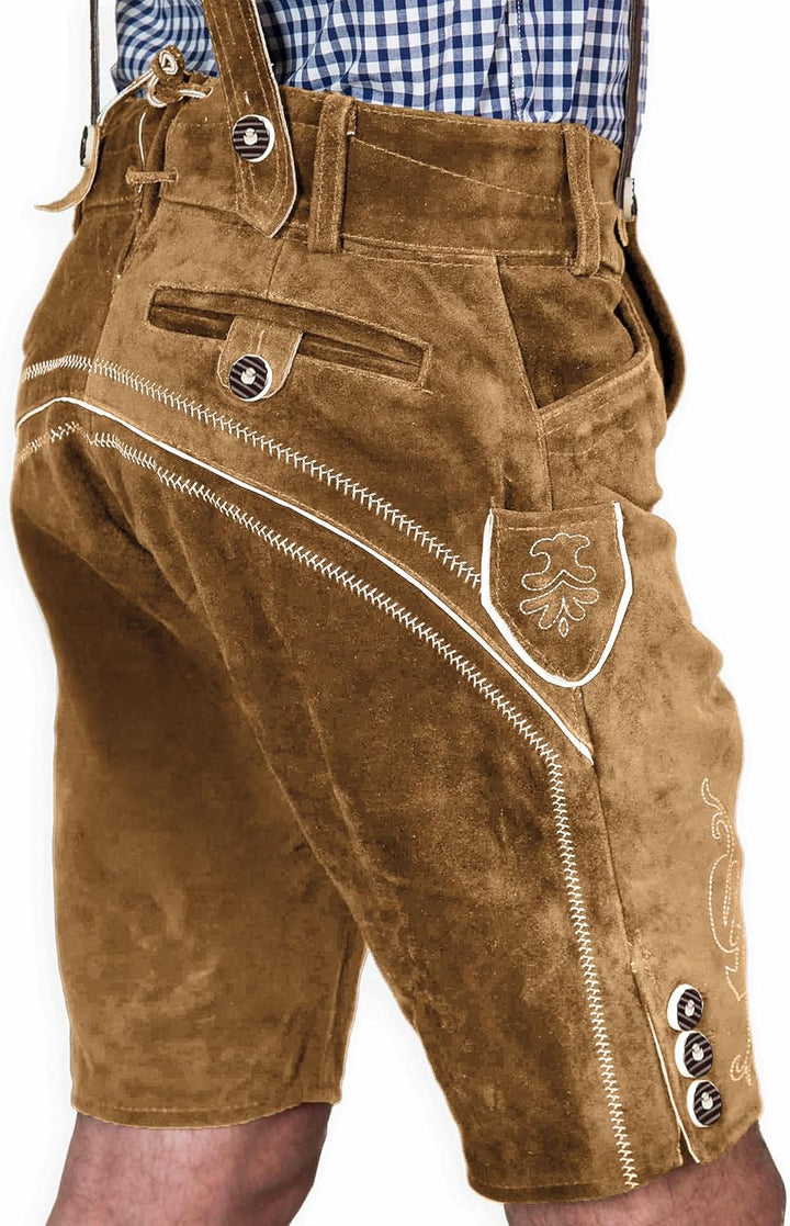 Bayerische Herren Trachten Lederhose kurz, Elegante Trachtenlederhose mit Trägern, original in Dunke