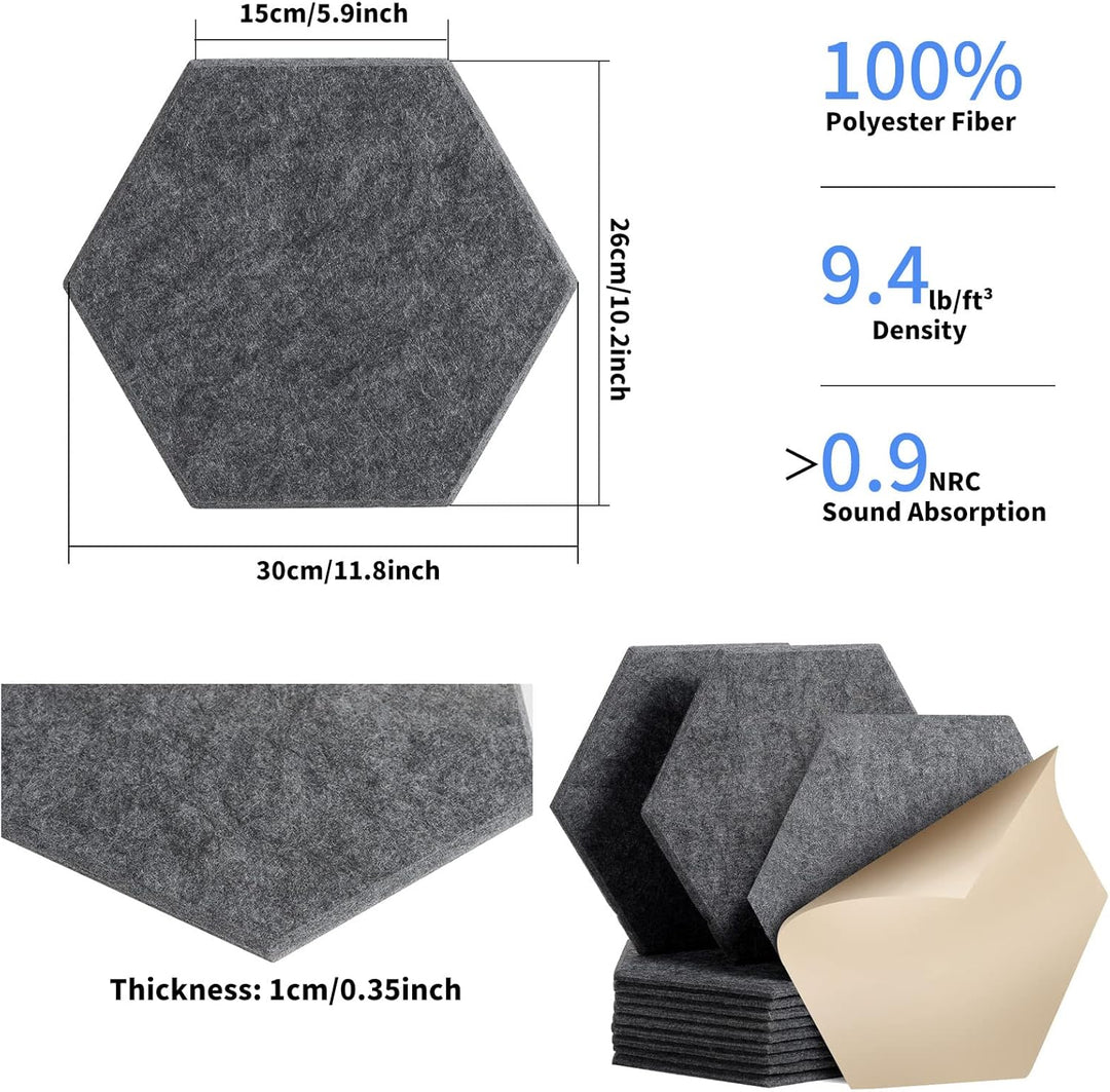 Rdutuok 12 Stück Selbstklebend Akustik Panel,30x26x1cm Hexagon Akustik Absorber Schallschutzplatten