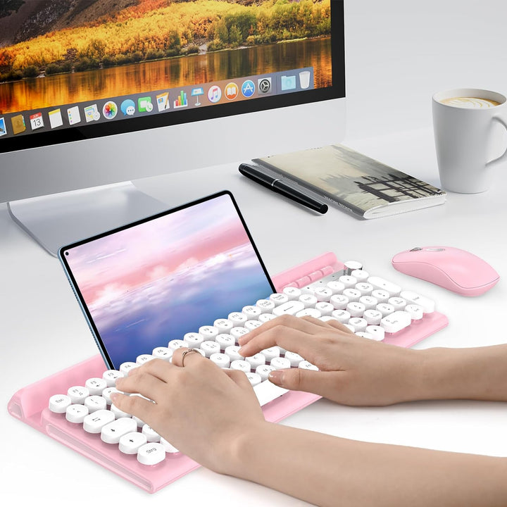 Maus und Tastatur,RaceGT Tastatur Kabellos Schreibmaschine Tastatur Rosa Funktastatur mit Maus Retro