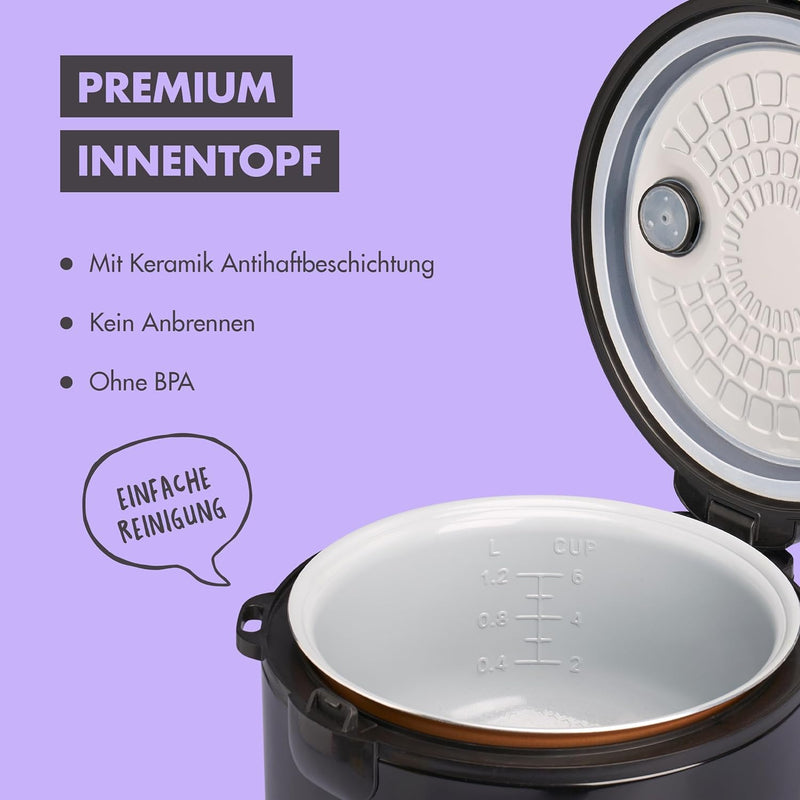 Reishunger Reiskocher & Dampfgarer mit Keramikbeschichtung, Schwarz - Für 1-6 Personen - Schnelle Zu