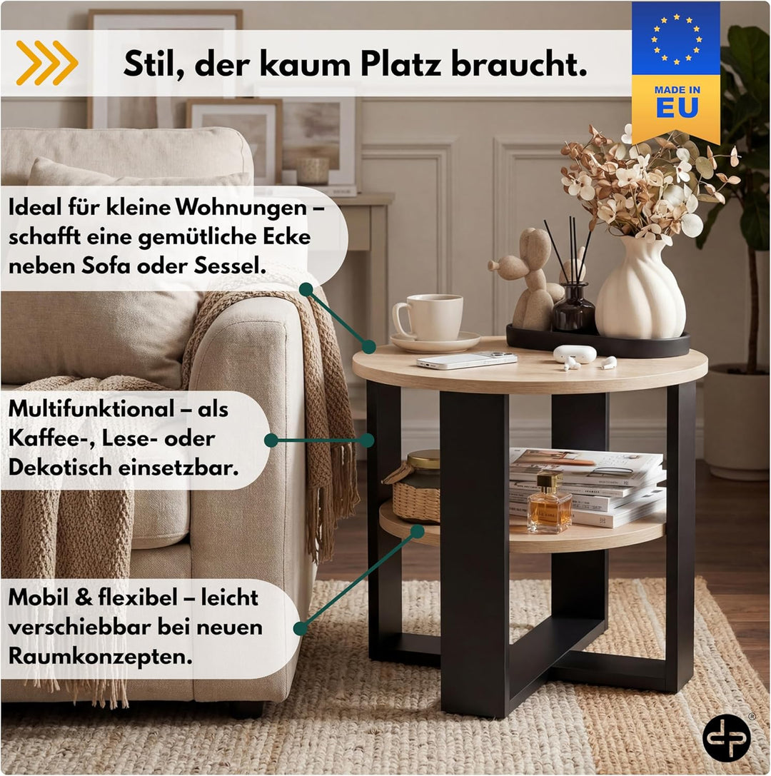 Couchtisch rund Ø53 cm - Kleiner Beistelltisch mit Ablage - Sonoma Eiche - 2 Ebenen, runder moderner