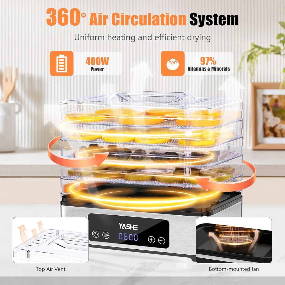 YASHE Dörrautomat mit Edelstahlgitter, 5-lagiger Dörrgerät, 400W Dehydrator mit Timer für Fleisch, O