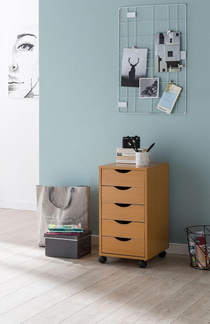 FineBuy Kinder Rollcontainer 33 x 64 x 38 cm Holz 5 Schubladen | Moderner Schubladencontainer mit Ro