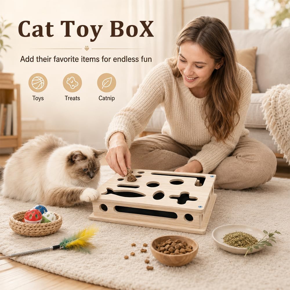 2 in 1 Katzen Kratzpuzzle Box, Beschäftigungsbox Krallenfeile mit 3 Glockenbällen, Katzen Krallenpfl