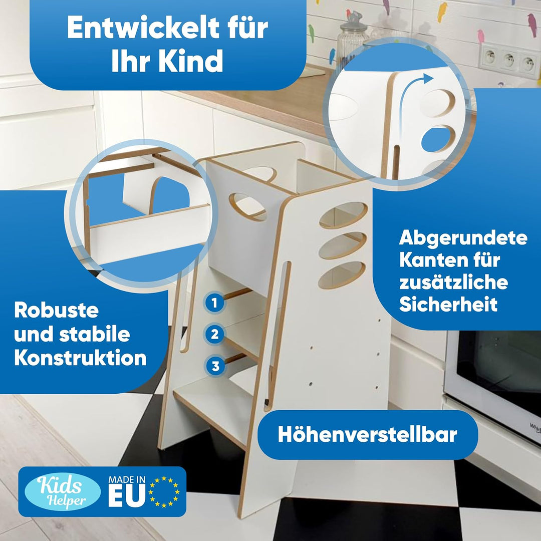 Kitchen Kids Helper Lernturm ab 1 Jahr - Höhenverstellbarer Lernturm Montessori Weiss 80cm - Sichere