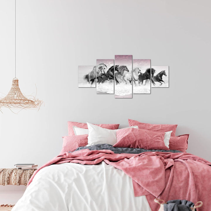 Runa Art Wandbilder Pferde 5 Teilig Bild auf Vlies Leinwand Deko Wohnzimmer Schlafzimmer Tiere Grau