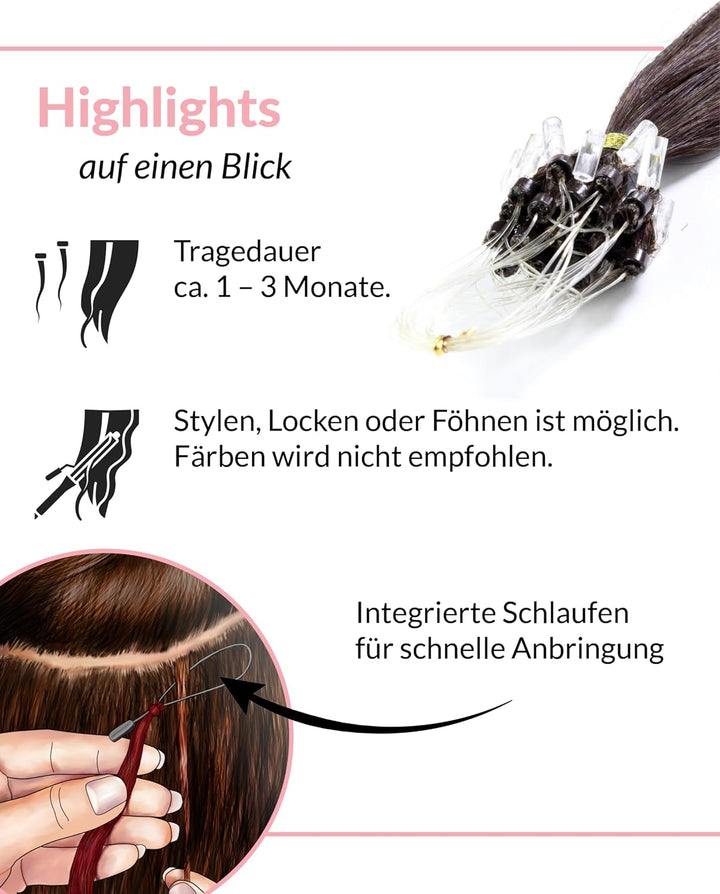 hair2heart Microring Extensions Echthaar glatt - 100 Strähnen 0.5g 50cm 4/0 mittelbraun 50cm 100 Str