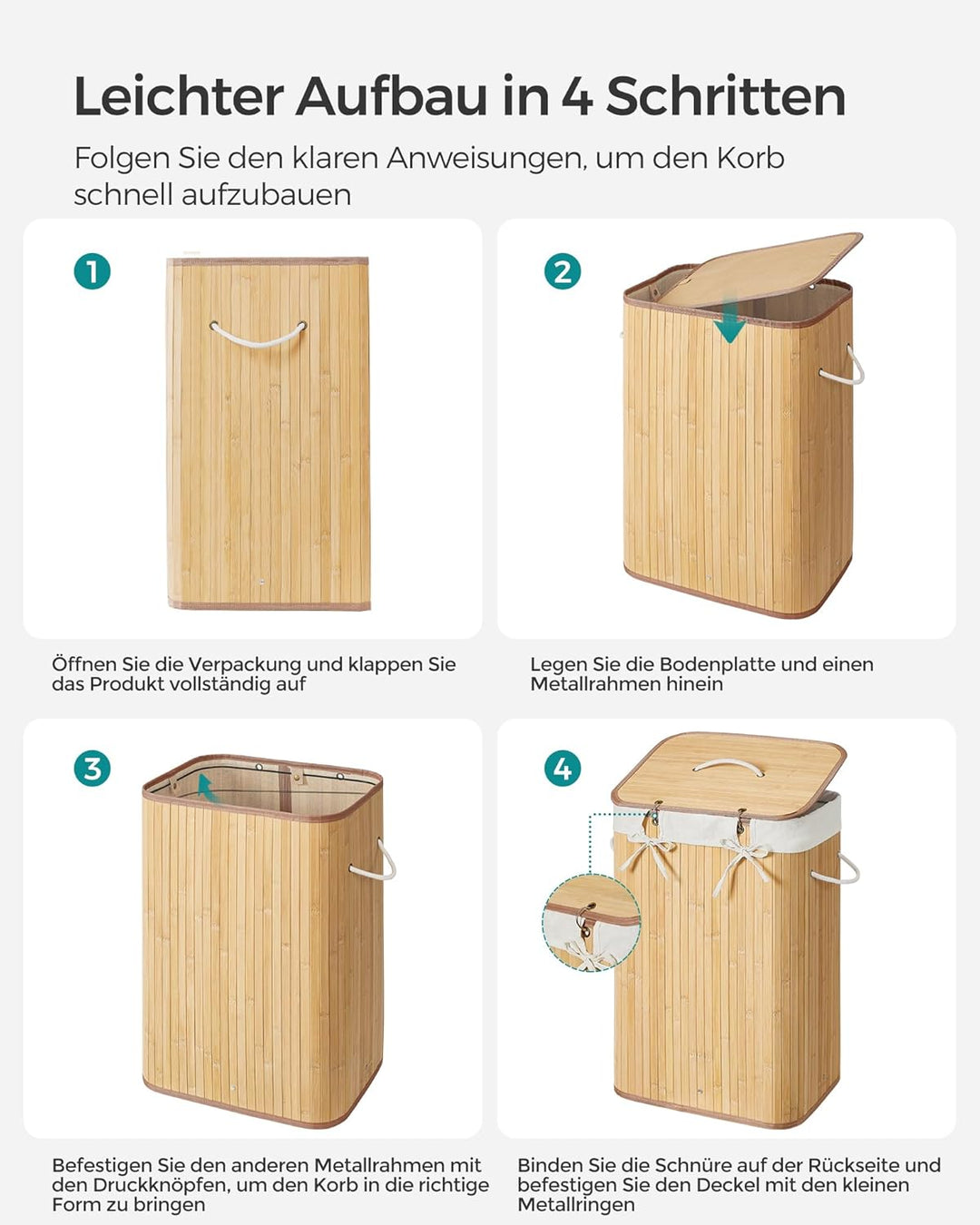 SONGMICS Wäschekorb mit Deckel, 72 Liter, Wäschesammler aus Bambus, faltbar, Wäschesack herausnehmba