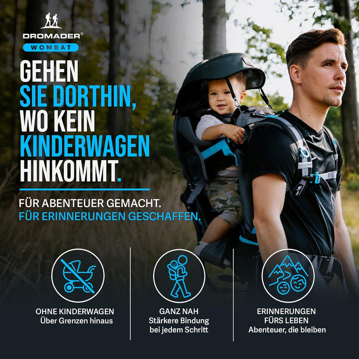 DROMADER Babytrage | Schwarz und Blau | Kinder bis 22kg | Bequem für Eltern | | mit Seitenspiegel |