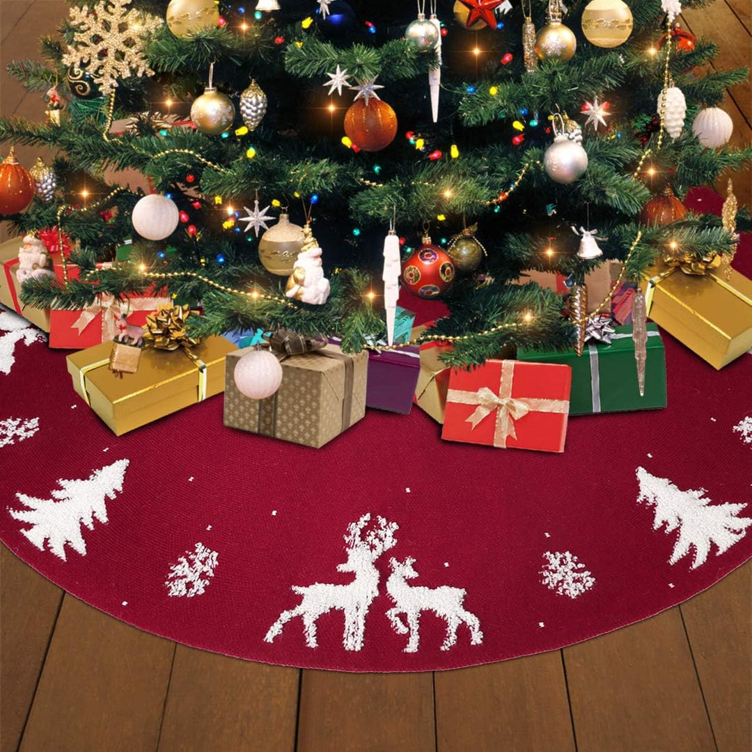 LOMOHOO Weihnachtsbaum-Rock 122cm gestrickt 3D-Elch-Weihnachtsbaum-Unterlage,Rustikaler roter Baumro