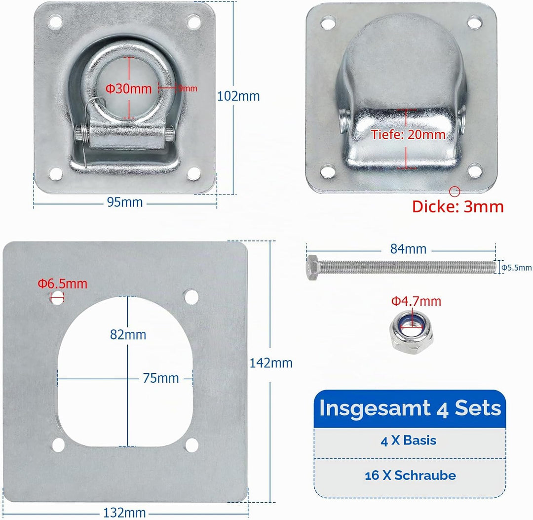 4pcs Zurrösen für Anhänger mit Gegenplatte &amp; Schrauben, Zurrmulden Anhänger Ösen Verzinkte Verzurrös