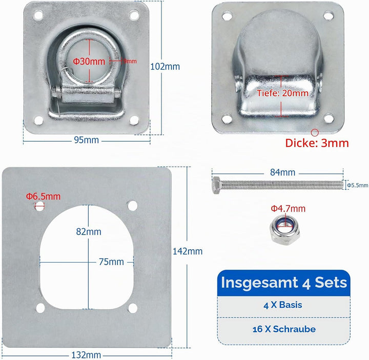 4pcs Zurrösen für Anhänger mit Gegenplatte &amp; Schrauben, Zurrmulden Anhänger Ösen Verzinkte Verzurrös