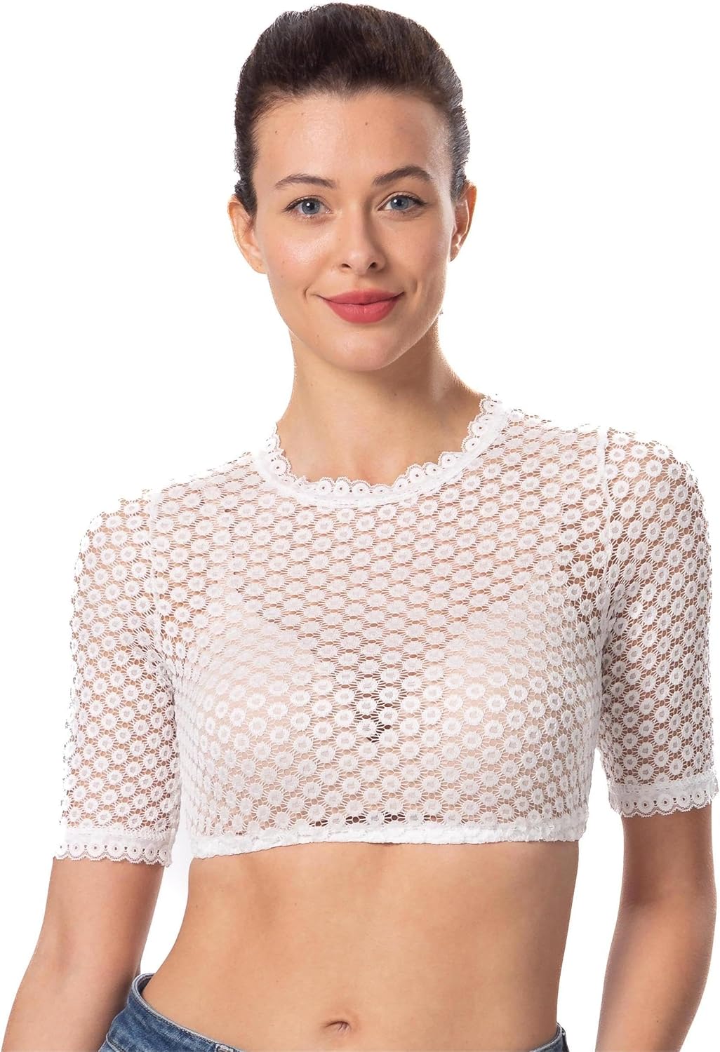 Dirndlwelle Oktoberfest Damen Dirndlbluse Kurzarm Rundhals Spitzebluse Weiss Schön Kurzarm Trachtenb