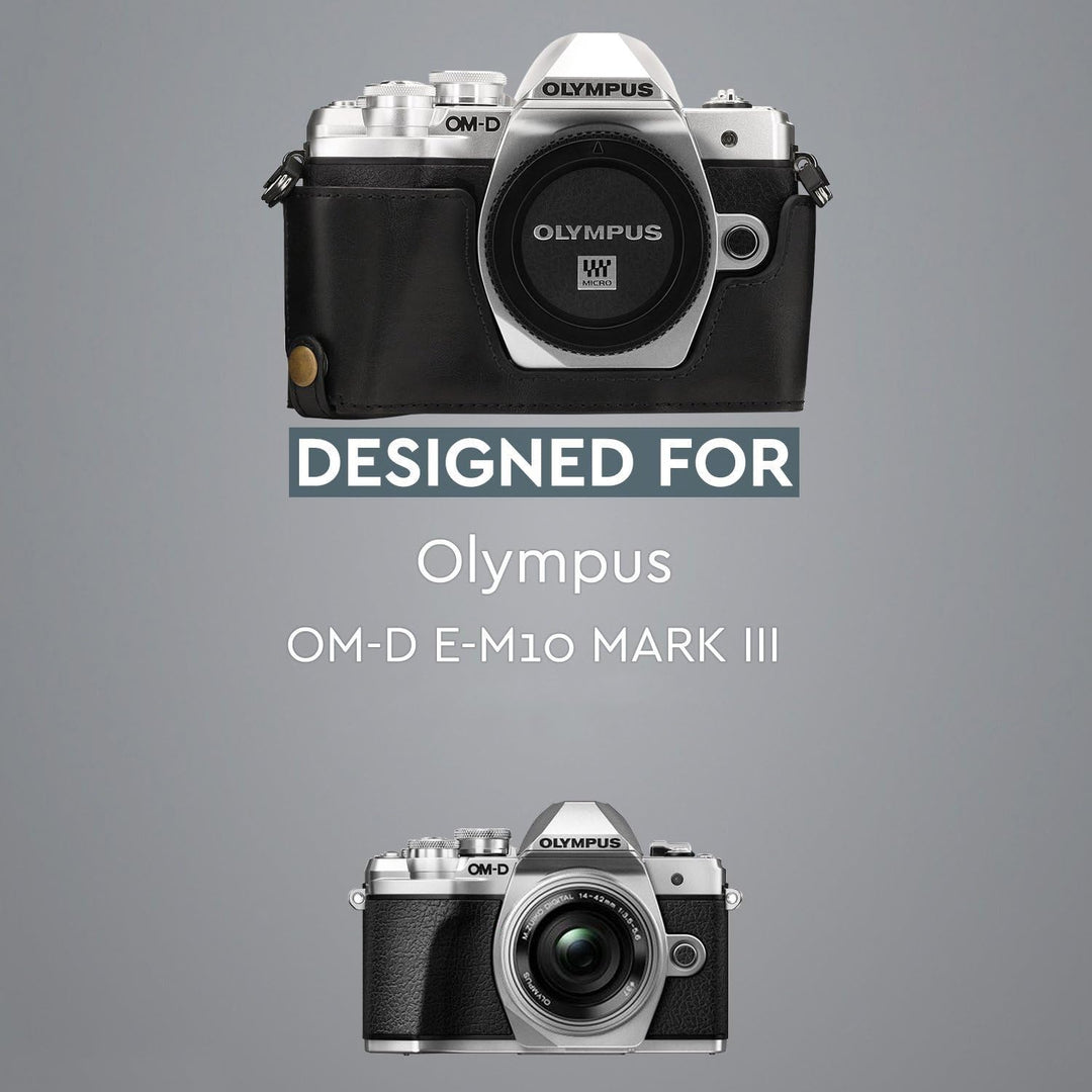 MegaGear Ever Ready Leder Kamera Halbtasche mit Trageriemen kompatibel mit Olympus OM-D E-M10 Mark I