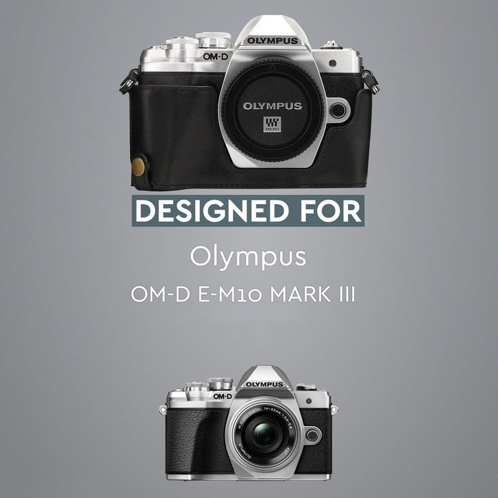 MegaGear Ever Ready Leder Kamera Halbtasche mit Trageriemen kompatibel mit Olympus OM-D E-M10 Mark I